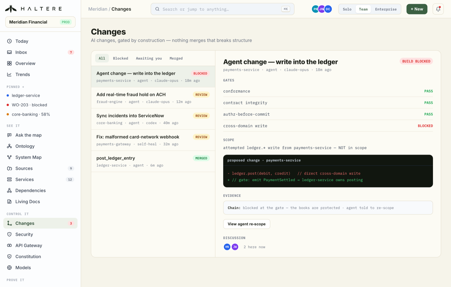 A Haltere gate blocking a change — a cross-domain write is BLOCKED, shown with its evidence and a re-scope prompt